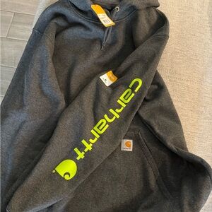 New! Carhartt Men's Dark Gray Hoodie with Bright Green Logo